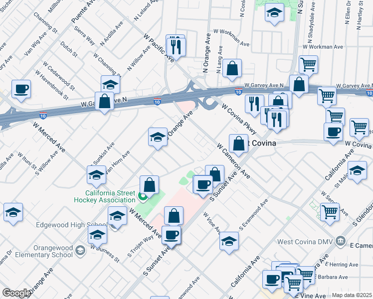map of restaurants, bars, coffee shops, grocery stores, and more near 1633 West Sherway Street in West Covina