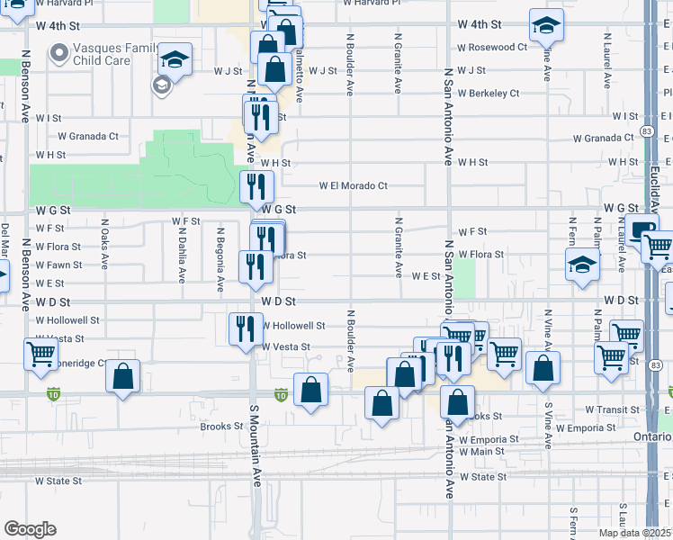 map of restaurants, bars, coffee shops, grocery stores, and more near 918 West E Street in Ontario