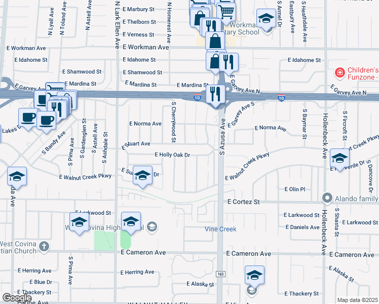 map of restaurants, bars, coffee shops, grocery stores, and more near 1643 East Holly Oak Drive in West Covina