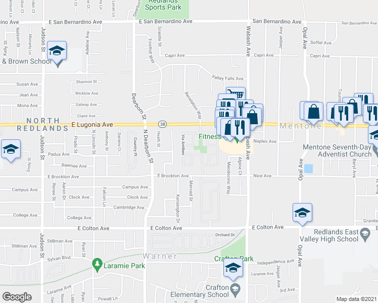 map of restaurants, bars, coffee shops, grocery stores, and more near 1174 Vía San Remo in Redlands