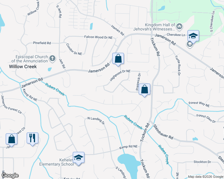 map of restaurants, bars, coffee shops, grocery stores, and more near 4801 Woodspring Drive Northeast in Marietta