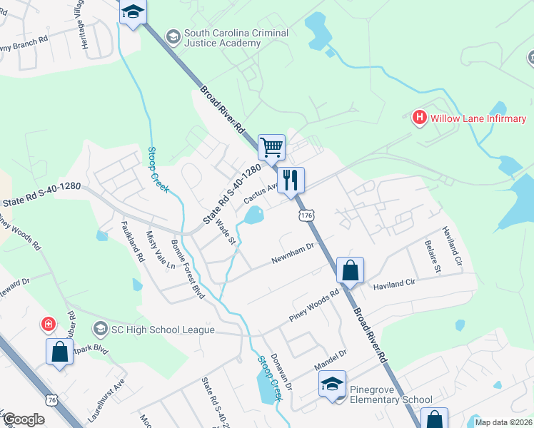 map of restaurants, bars, coffee shops, grocery stores, and more near 1224 Grove Park Lane in Columbia