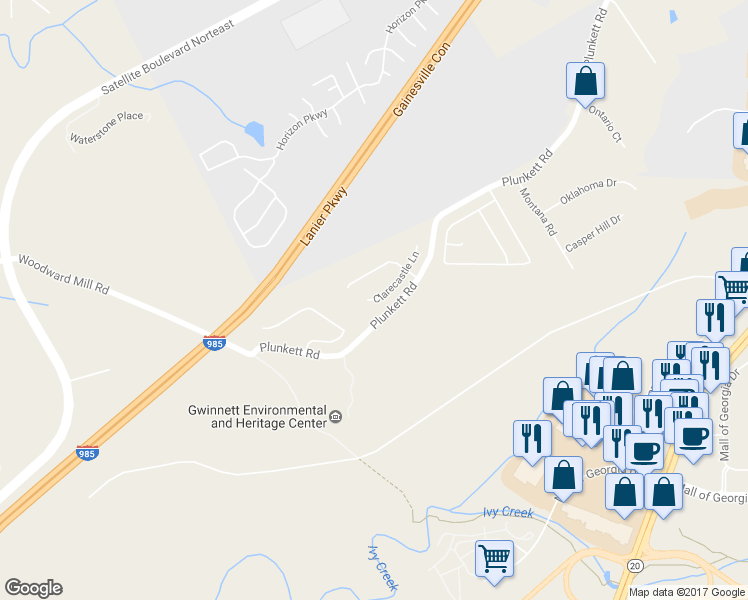 map of restaurants, bars, coffee shops, grocery stores, and more near 1357 Clarecastle Lane in Buford