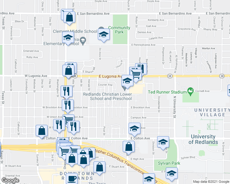 map of restaurants, bars, coffee shops, grocery stores, and more near 1140 Oxford Drive in Redlands