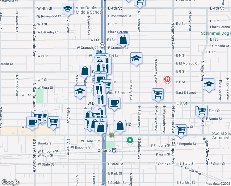 map of restaurants, bars, coffee shops, grocery stores, and more near 430 North Lemon Avenue in Ontario