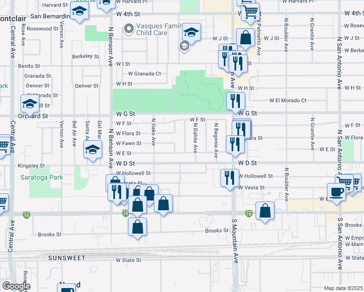 map of restaurants, bars, coffee shops, grocery stores, and more near 438 North Fuchsia Avenue in Ontario