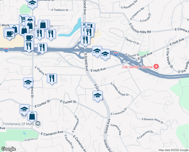 map of restaurants, bars, coffee shops, grocery stores, and more near 2844 South Grand Avenue in West Covina