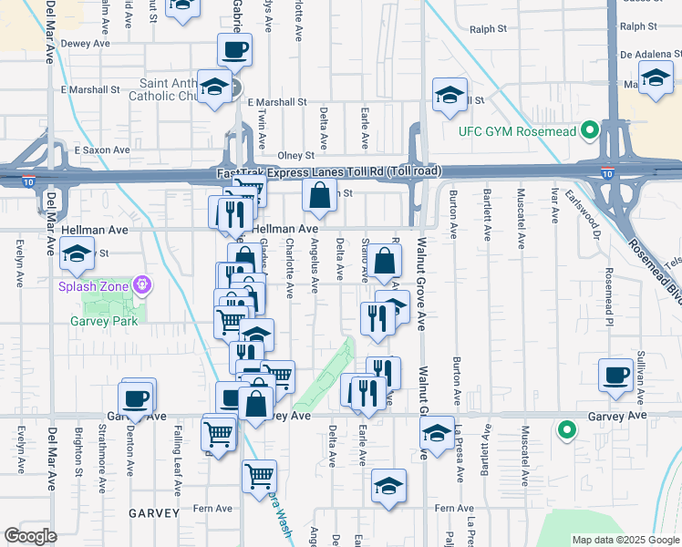 map of restaurants, bars, coffee shops, grocery stores, and more near 3303 Delta Avenue in Rosemead