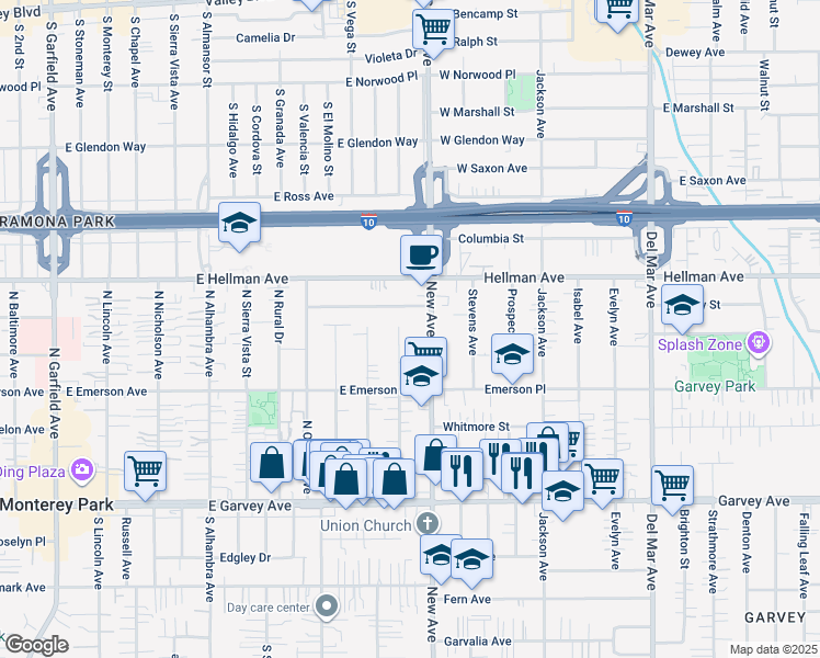 map of restaurants, bars, coffee shops, grocery stores, and more near 521a New Avenue in Monterey Park