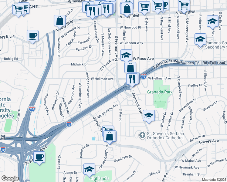 map of restaurants, bars, coffee shops, grocery stores, and more near 2605 West Ramona Road in Alhambra