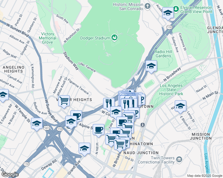 map of restaurants, bars, coffee shops, grocery stores, and more near 711 Bernard Street in Los Angeles