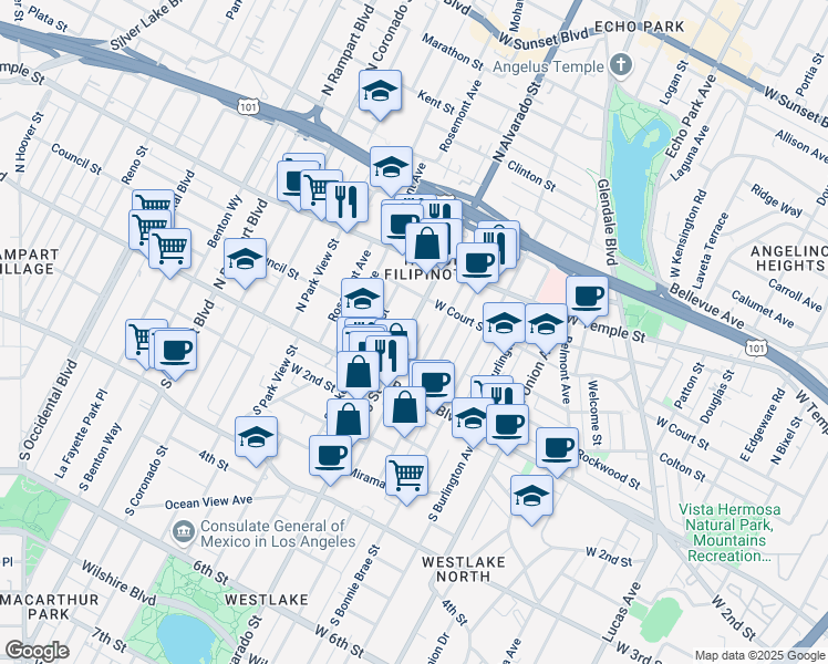 map of restaurants, bars, coffee shops, grocery stores, and more near 214 North Alvarado Street in Los Angeles