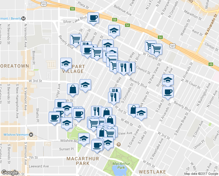 map of restaurants, bars, coffee shops, grocery stores, and more near 238 South La Fayette Park Place in Los Angeles