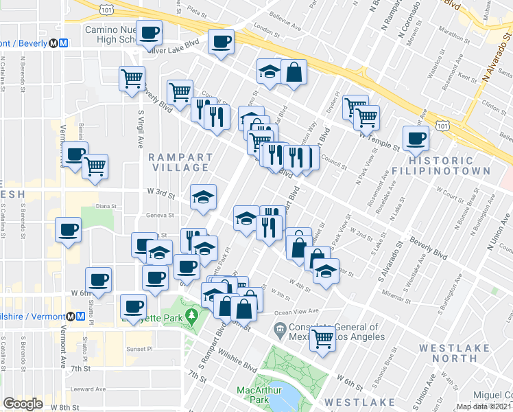 map of restaurants, bars, coffee shops, grocery stores, and more near 238 South La Fayette Park Place in Los Angeles