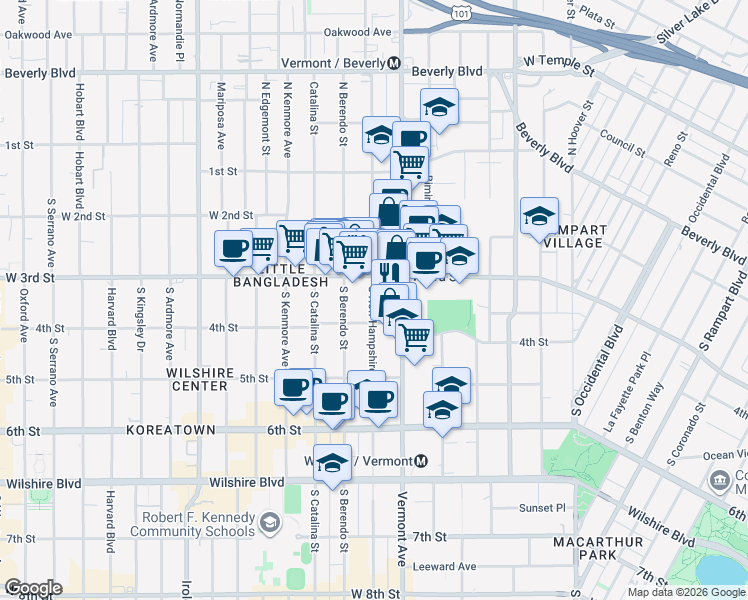 map of restaurants, bars, coffee shops, grocery stores, and more near 330 South New Hampshire Avenue in Los Angeles