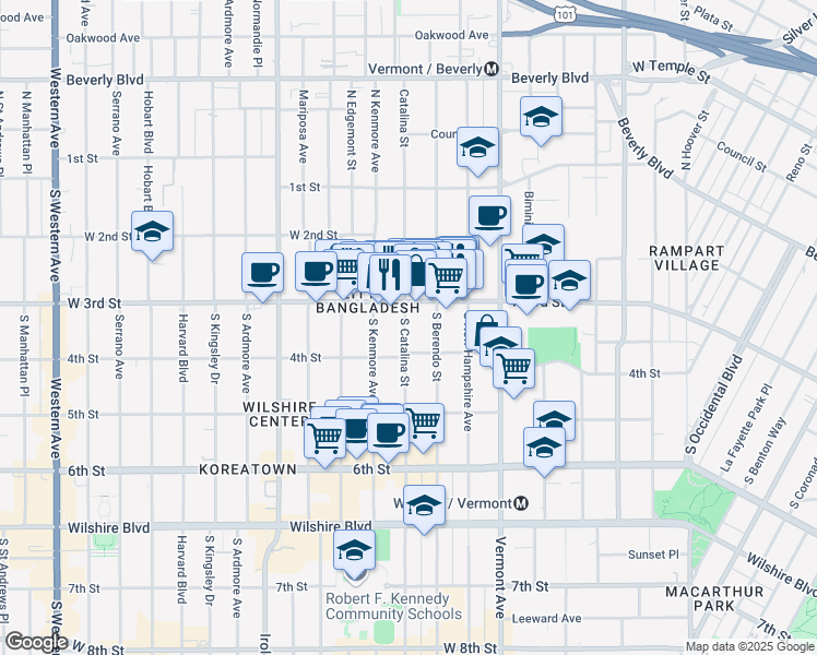 map of restaurants, bars, coffee shops, grocery stores, and more near 330 South Kenmore Avenue in Los Angeles