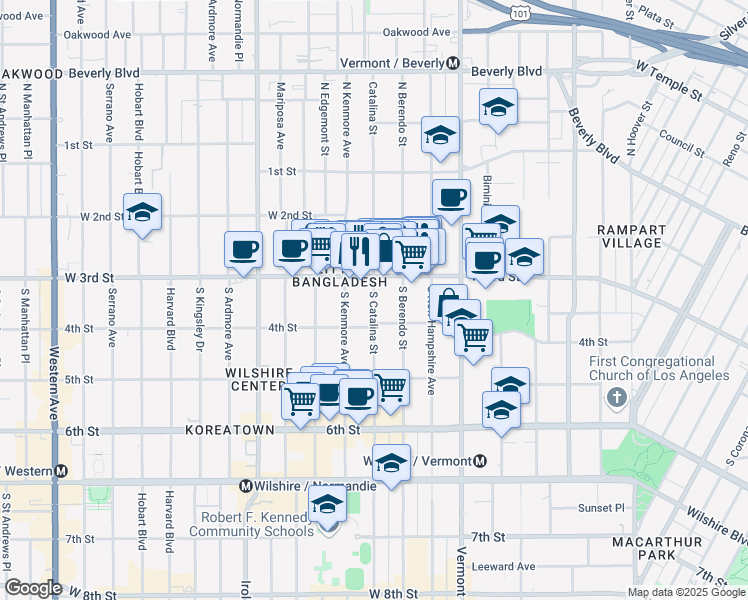 map of restaurants, bars, coffee shops, grocery stores, and more near 330 South Kenmore Avenue in Los Angeles