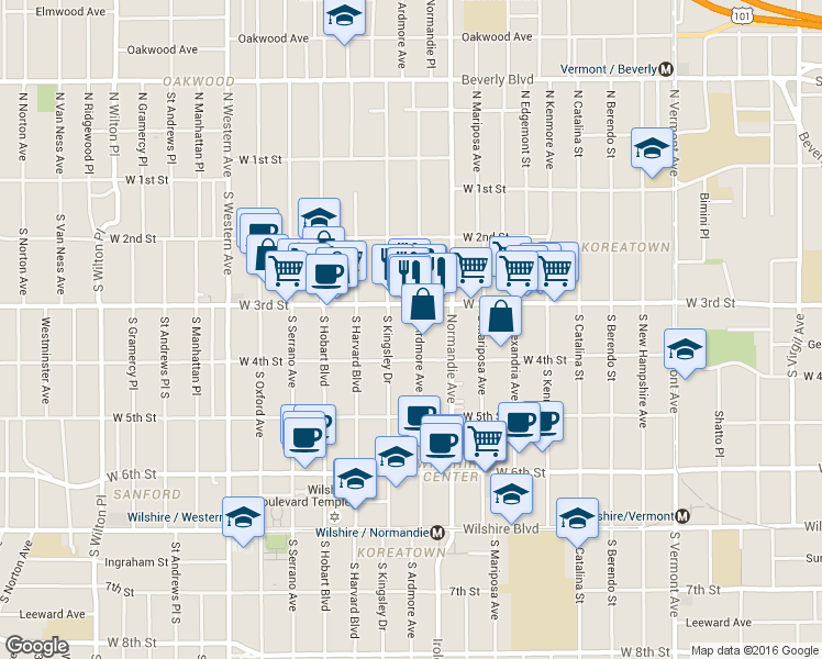 map of restaurants, bars, coffee shops, grocery stores, and more near 331 South Ardmore Avenue in Los Angeles