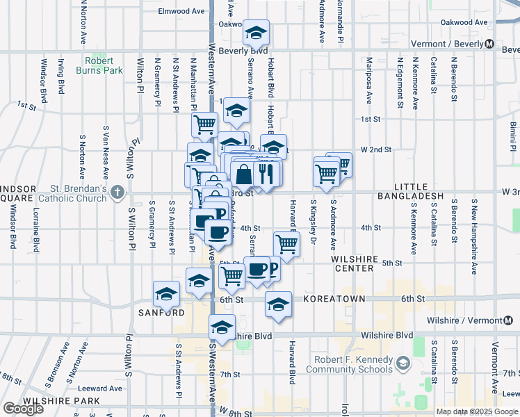 map of restaurants, bars, coffee shops, grocery stores, and more near 332 South Serrano Avenue in Los Angeles