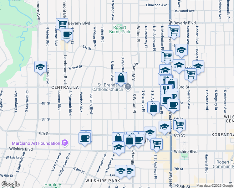 map of restaurants, bars, coffee shops, grocery stores, and more near 324 South Norton Avenue in Los Angeles