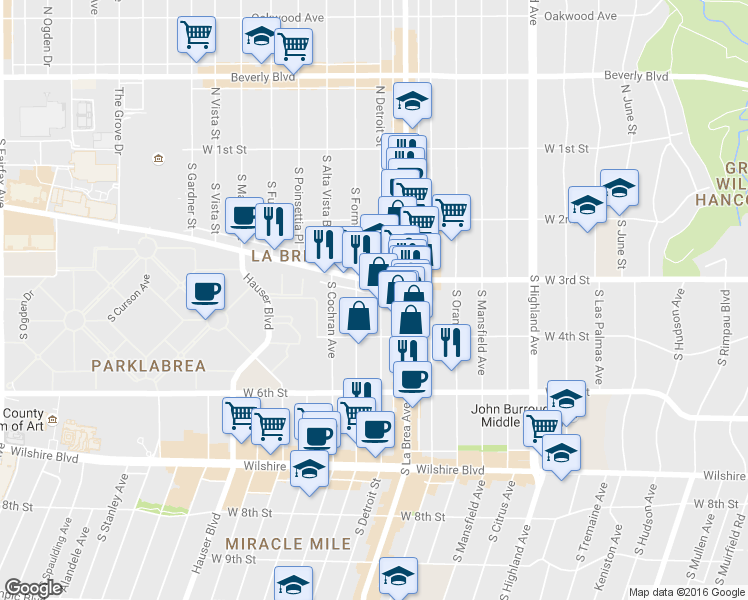 map of restaurants, bars, coffee shops, grocery stores, and more near 325 South Detroit Street in Los Angeles
