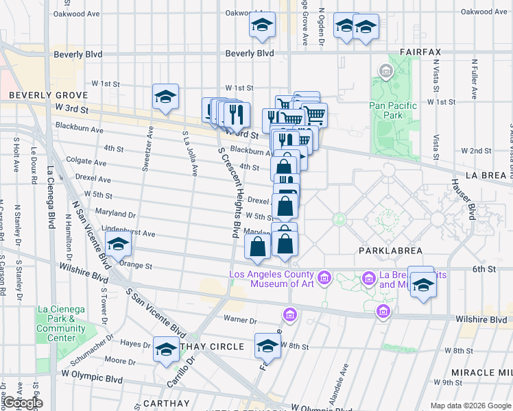 map of restaurants, bars, coffee shops, grocery stores, and more near 6217 West 5th Street in Los Angeles