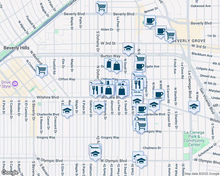 map of restaurants, bars, coffee shops, grocery stores, and more near 126 North Almont Drive in Beverly Hills