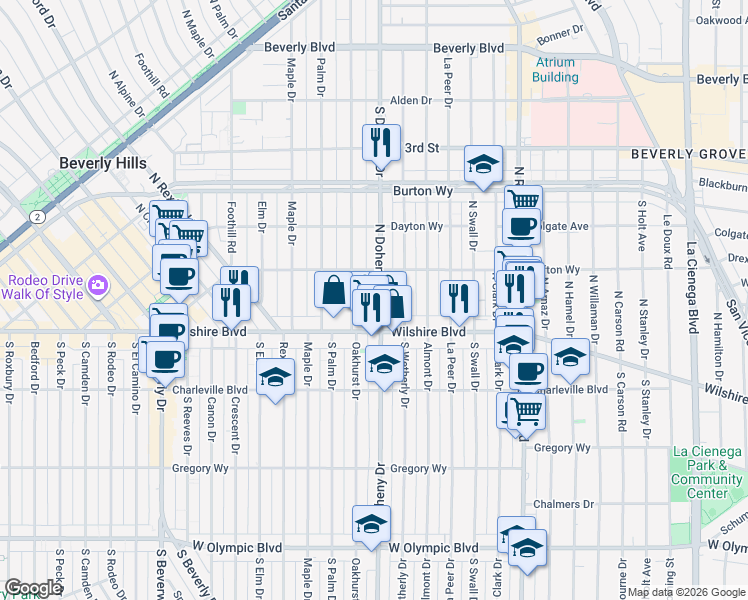 map of restaurants, bars, coffee shops, grocery stores, and more near 110 North Oakhurst Drive in Beverly Hills