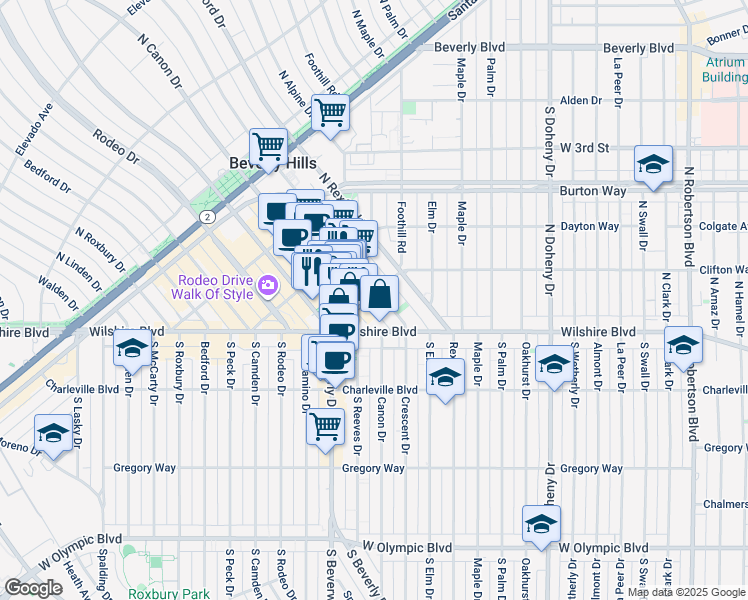map of restaurants, bars, coffee shops, grocery stores, and more near 2421 Clifton Way in Beverly Hills