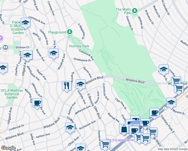 map of restaurants, bars, coffee shops, grocery stores, and more near 875 Comstock Avenue in Los Angeles