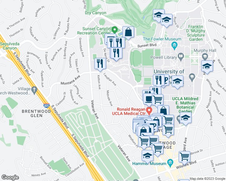 map of restaurants, bars, coffee shops, grocery stores, and more near 11002 Ophir Drive in Los Angeles