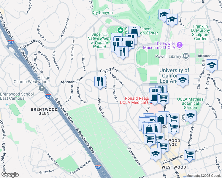map of restaurants, bars, coffee shops, grocery stores, and more near 512 Kelton Avenue in Los Angeles