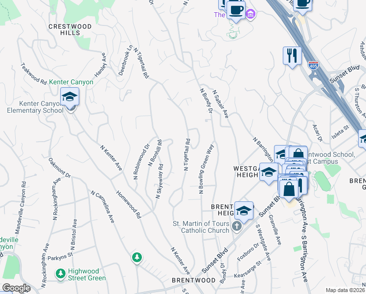 map of restaurants, bars, coffee shops, grocery stores, and more near 473 North Tigertail Road in Los Angeles