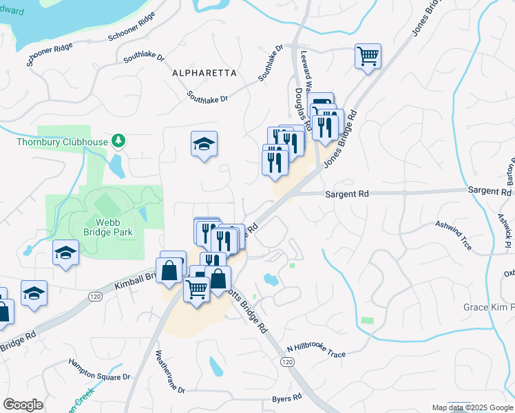 map of restaurants, bars, coffee shops, grocery stores, and more near 5231 Wellsley Bend in Alpharetta