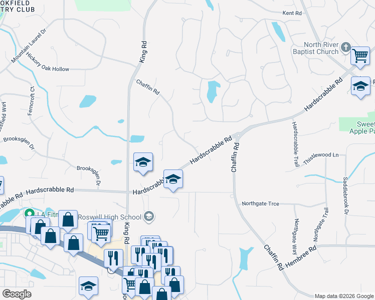 map of restaurants, bars, coffee shops, grocery stores, and more near 590 Hardscrabble Road in Roswell