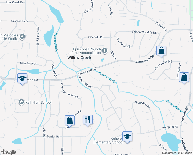 map of restaurants, bars, coffee shops, grocery stores, and more near 1763 Rockwater Road in Marietta