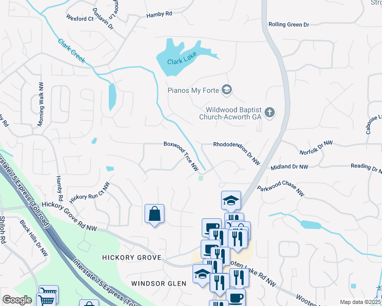 map of restaurants, bars, coffee shops, grocery stores, and more near 1532 Boxwood Trce Northwest in Acworth