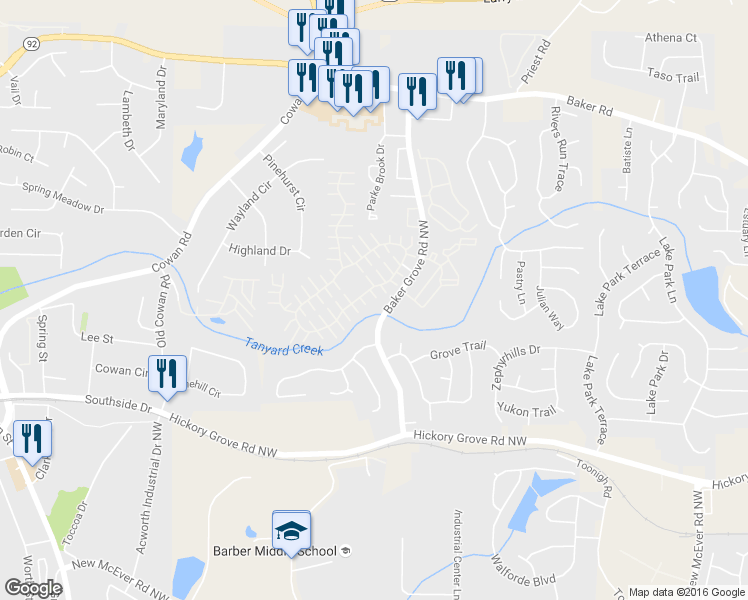 map of restaurants, bars, coffee shops, grocery stores, and more near 244 Windcroft Circle Northwest in Acworth