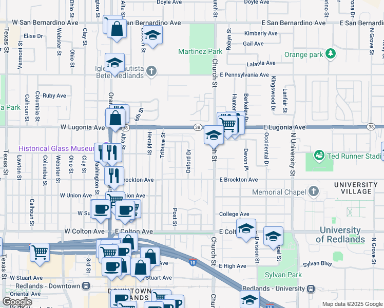 map of restaurants, bars, coffee shops, grocery stores, and more near 1146 Oxford Drive in Redlands
