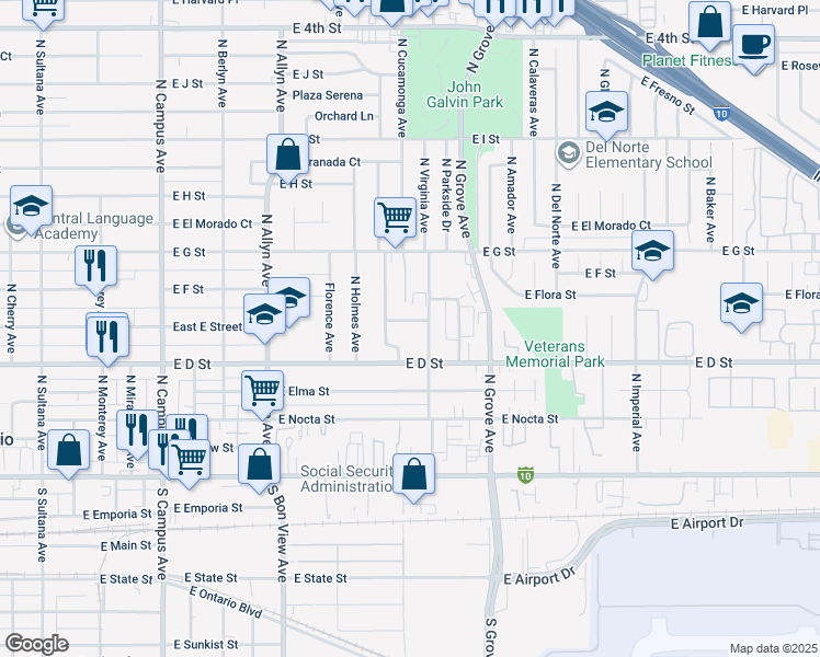 map of restaurants, bars, coffee shops, grocery stores, and more near 1116 East E Street in Ontario