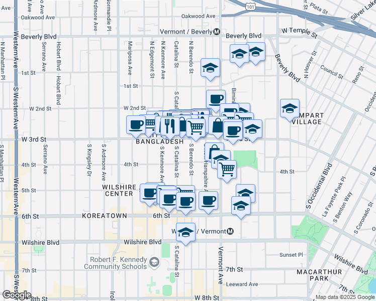 map of restaurants, bars, coffee shops, grocery stores, and more near 333 South Berendo Street in Los Angeles