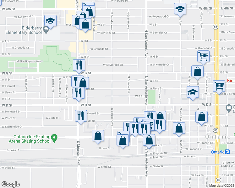 map of restaurants, bars, coffee shops, grocery stores, and more near 844 West E Street in Ontario