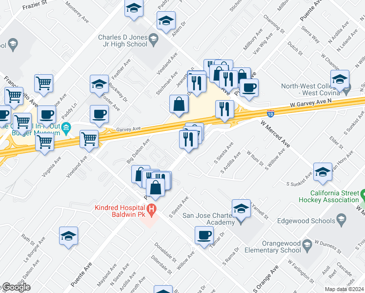 map of restaurants, bars, coffee shops, grocery stores, and more near 1837 Puente Avenue in Baldwin Park