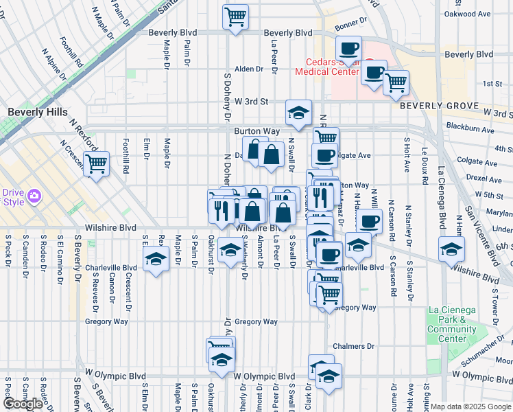 map of restaurants, bars, coffee shops, grocery stores, and more near 133 North Almont Drive in Beverly Hills