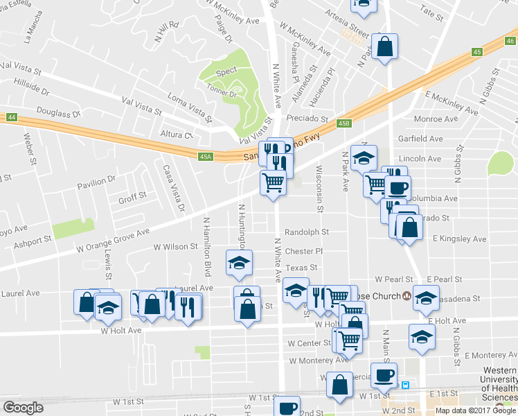 map of restaurants, bars, coffee shops, grocery stores, and more near 555 West Alvarado Street in Pomona