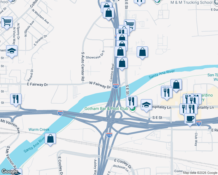 map of restaurants, bars, coffee shops, grocery stores, and more near West Fairway Drive in Colton