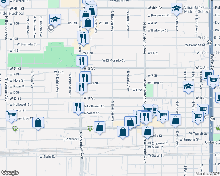 map of restaurants, bars, coffee shops, grocery stores, and more near 918 West E Street in Ontario
