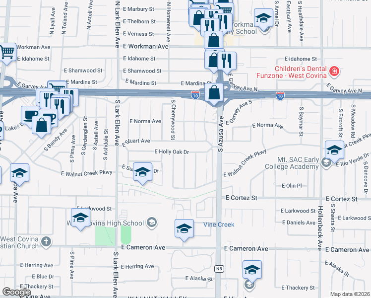 map of restaurants, bars, coffee shops, grocery stores, and more near 1643 East Holly Oak Drive in West Covina