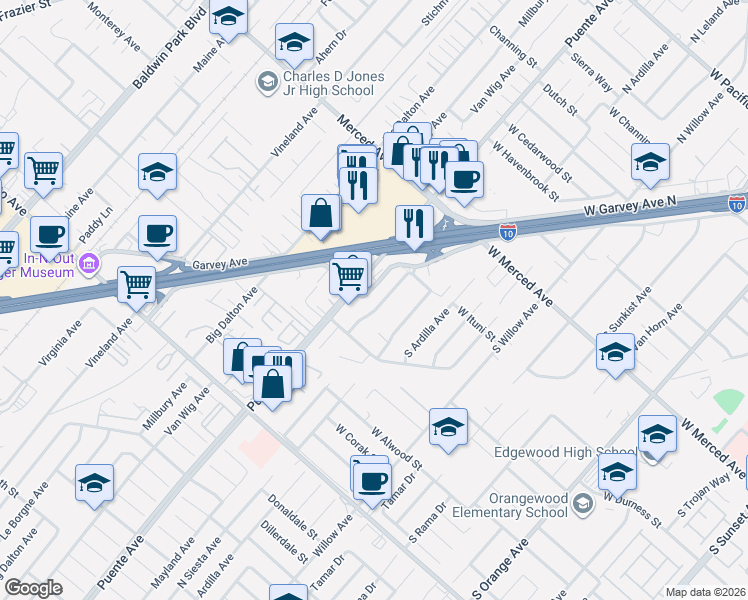 map of restaurants, bars, coffee shops, grocery stores, and more near 1349 South Halinor Avenue in West Covina