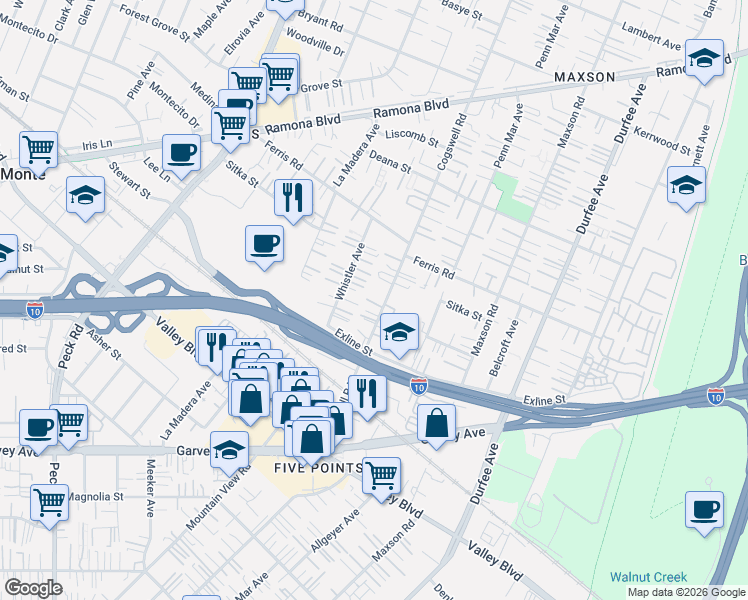map of restaurants, bars, coffee shops, grocery stores, and more near 3457 Cogswell Road in El Monte